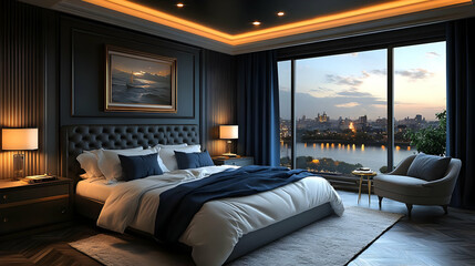 Modern bedroom interior with a large window overlooking a city skyline at sunset.