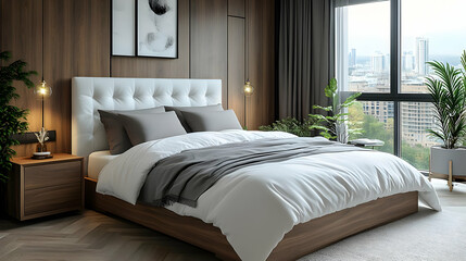 Modern bedroom interior with a white bed, wooden headboard, and city view.