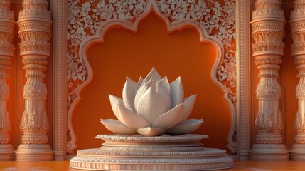 Ornate white lotus flower on a pedestal, with intricately carved pillars and archway behind it.