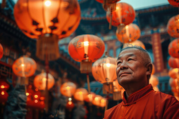 Naklejka premium An elderly man wearing traditional Chinese clothing stands under a lantern