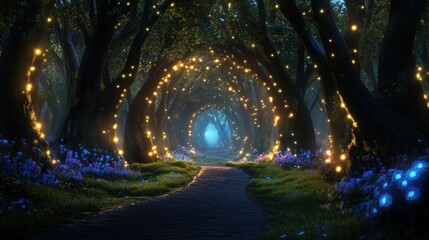 Enchanted forest path with glowing lights and vibrant flowers