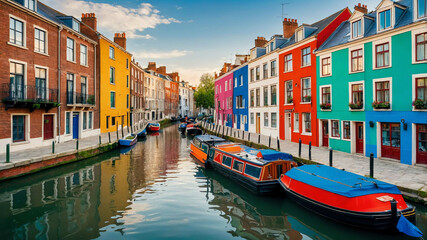 Charming canal with narrow boats and colorful houses along the banks