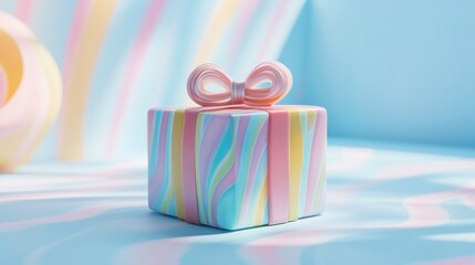 A colorful gift box with a pink bow sits on a pastel background.