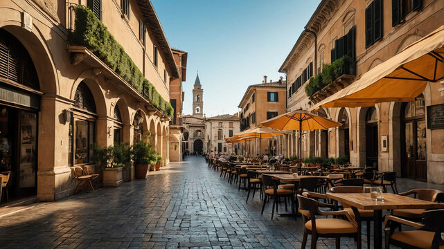 Fototapeta Charming Italian piazza with historic architecture and outdoor cafes