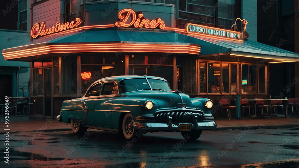 Wall mural Classic American diner with retro neon signs and a vintage car