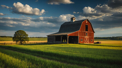 Obraz premium Classic American countryside with open fields and a traditional barn