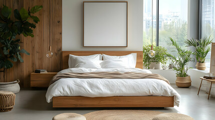Modern bedroom interior with wooden bed, white bedding, and large windows overlooking a city skyline.