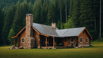 Obraz premium Cozy country cabin with a stone chimney and lush forest backdrop