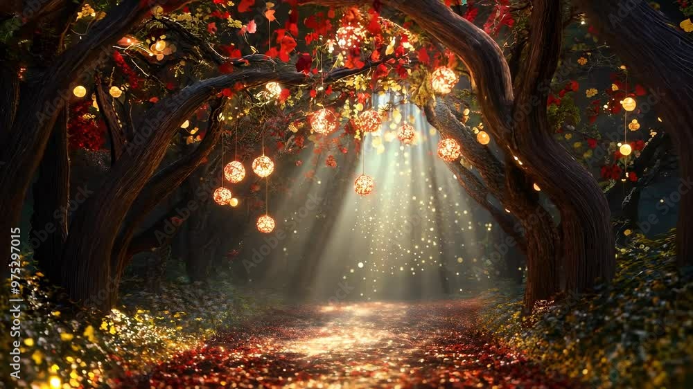 Poster magical forest path with glowing lanterns and sun rays filtering through trees