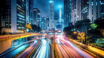 Obraz premium A long exposure shot of a highway in the city at night, with tall buildings in the background.