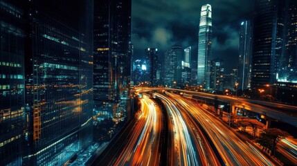 Nighttime cityscape with illuminated skyscrapers and traffic trails.
