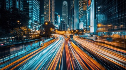 Fototapeta premium Cityscape with long exposure light trails of traffic on a highway.