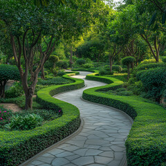 Obraz premium Deserted Botanical Garden with Winding Pathways: Large Scale Landscape Vector