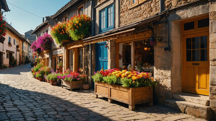 Fototapeta premium Cozy village street with traditional shops and colorful flower boxes