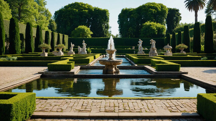Fototapeta premium Elegant palace garden with fountains statues and well trimmed hedges