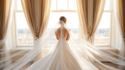 bride standing by a large window, looking out at the scenery, with her veil and gown cascading around her in a luxurious