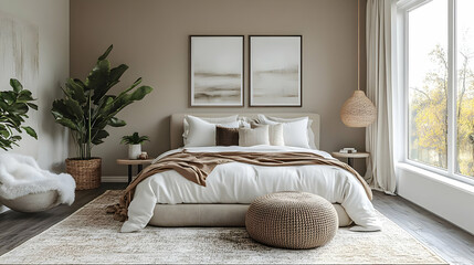 Modern bedroom with a king-size bed, a plush rug, a large window, and a rattan pendant lamp.