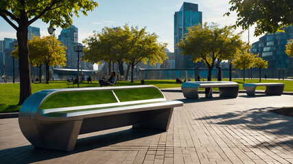 Futuristic urban park with smart benches and interactive digital features
