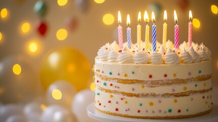 Sweet Celebration - Side View of Layered Birthday Cake with Lit Candles on Pastel Yellow Background with Bokeh Lights.