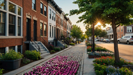 Fototapeta premium Historic city street with charming townhouses and flower lined sidewalks