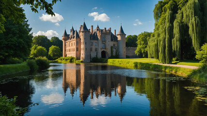 Obraz premium Historic European castle surrounded by lush gardens and a moat