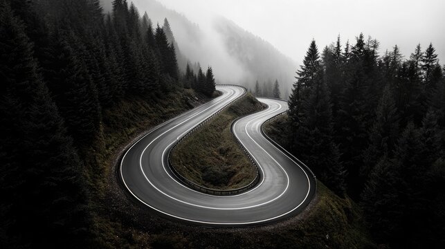 long winding mountain road with sharp curves, bordered by towering pine trees and steep cliffs, leading into the misty distance