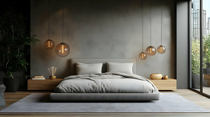 Modern bedroom with a king-size bed, wooden nightstand,  large windows, and a grey concrete wall.