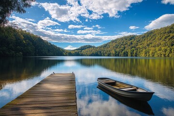 A peaceful lake scene with a dock and a small boat floating gently. Crisp blue skies above and lush greenery surround the water. Ideal for relaxation and nature lovers. Generative AI