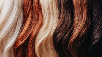 Fototapeta premium Close-up of blonde, red, brown, and light brown wavy hair strands.