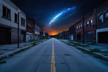 Stunning Night Sky Over Abandoned Street with Cosmic Lights and Urban Landscape