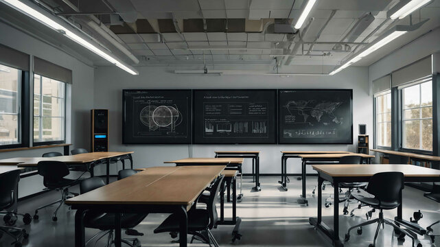 Modern smart classroom with interactive whiteboards and digital learning tools