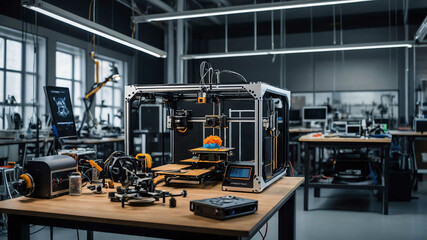 Fototapeta premium Modern tech innovation lab with 3D printing and advanced prototyping tools