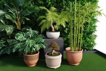 Fototapeta premium Aerial 3D Visualization of Tropical Plants Guiana Chestnut Bonsai Ficus Alii and Bamboo in a Vibrant Garden Setting