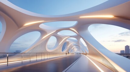 Modern bridge with sweeping arches and integrated lighting