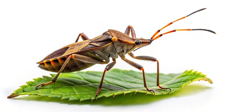 A solitary leaffooted bug perches on a leaf, its elongated body a subtle pattern on the rustic, isolated