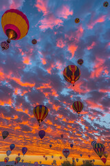 Fototapeta premium Vivid sunset sky adorned with hot air balloons drifting peacefully