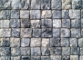 Stone wall texture with a square pattern. Background of an old, gray decorative concrete stone surface. Wall background