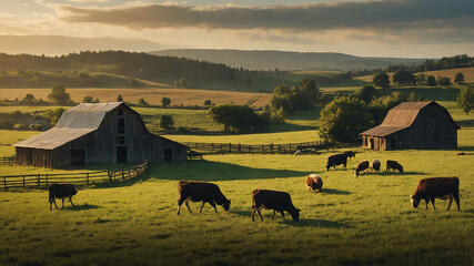 Fototapeta premium Picturesque rural barnyard with grazing animals and wide open fields