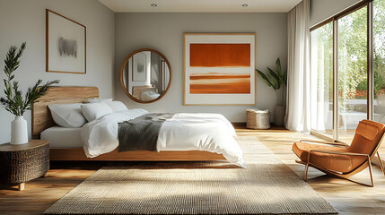 Modern bedroom with a large bed, a rug, a chair, and two pieces of art on the wall.
