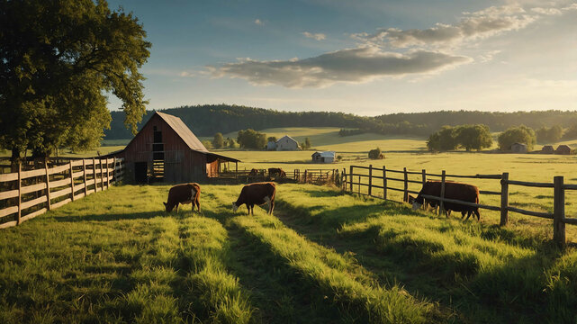 Picturesque rural barnyard with grazing animals and wide open fields