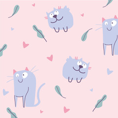 Seamless pattern with cute colorful Cats. Funny pet charactes Hand drawn vector illustration. Good for fabric, textile