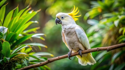 Obraz premium A striking white parrot with a vibrant yellow crest sits quietly on a sturdy tree branch, surrounded by