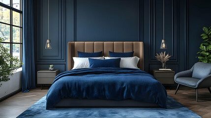 Modern bedroom with a large bed, blue and brown decor, and large windows.