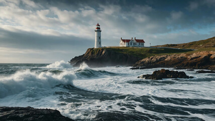 Scenic coastal lighthouse on a rocky shore with waves crashing below