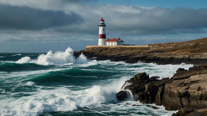 Obraz premium Scenic coastal lighthouse on a rocky shore with waves crashing below