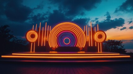 Neon light installation at sunset with wooden platform.
