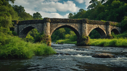 Fototapeta premium Scenic riverbank with old stone bridge and lush greenery