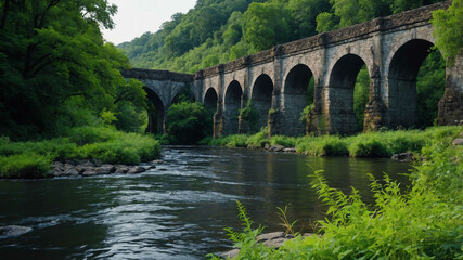 Scenic riverbank with old stone bridge and lush greenery