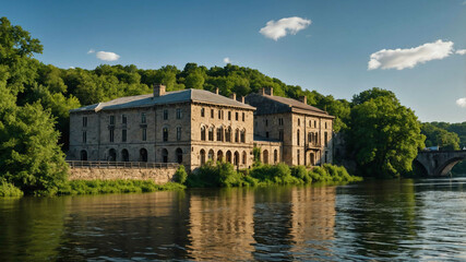 Fototapeta premium Scenic riverfront with old stone buildings and lush greenery