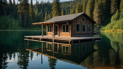 Obraz premium Serene lakeside cabin with a wooden dock and reflections in the water